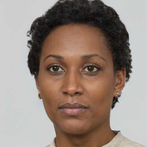 Neutral black adult female with short  black hair and brown eyes