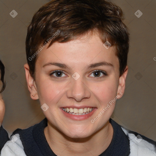 Joyful white young-adult male with medium  brown hair and brown eyes