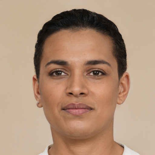 Neutral latino young-adult female with short  brown hair and brown eyes