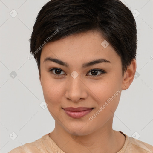 Joyful asian young-adult female with short  brown hair and brown eyes