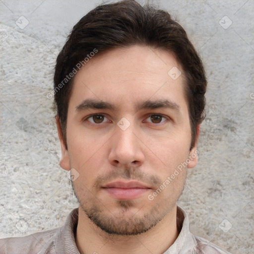 Neutral white young-adult male with short  brown hair and brown eyes