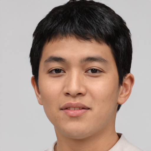 Neutral asian young-adult male with short  black hair and brown eyes