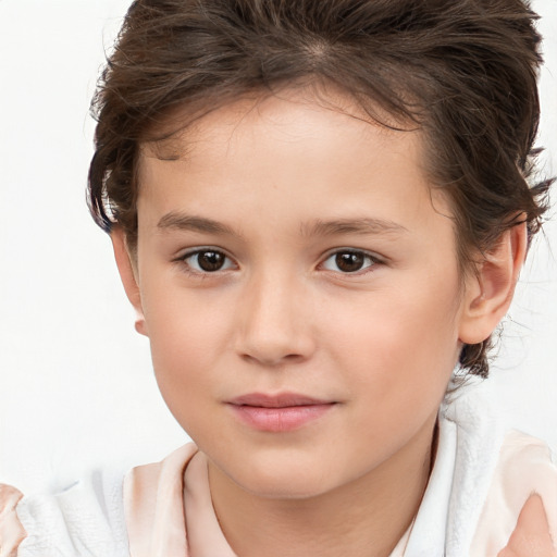 Joyful white child female with short  brown hair and brown eyes