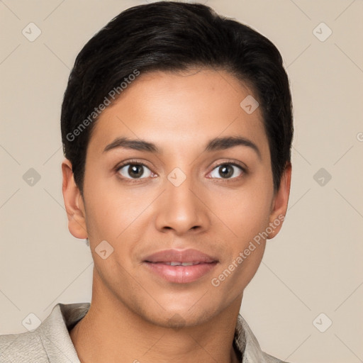 Joyful latino young-adult female with short  brown hair and brown eyes