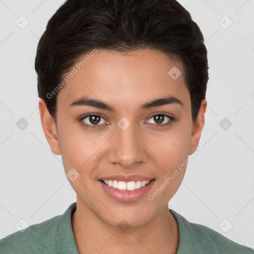 Joyful white young-adult female with short  brown hair and brown eyes