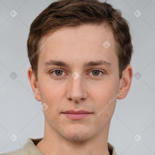 Neutral white young-adult male with short  brown hair and grey eyes