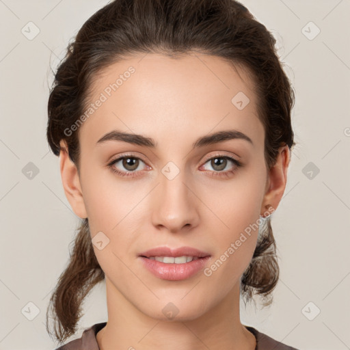 Neutral white young-adult female with medium  brown hair and brown eyes