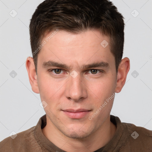 Neutral white young-adult male with short  brown hair and grey eyes