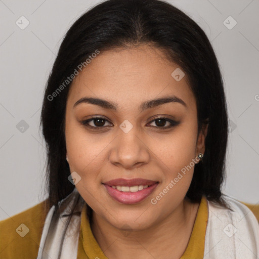 Joyful latino young-adult female with long  brown hair and brown eyes