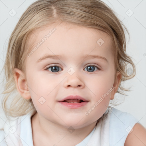 Joyful white child female with medium  brown hair and blue eyes