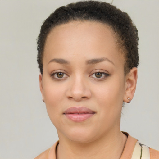 Neutral black young-adult female with short  brown hair and brown eyes