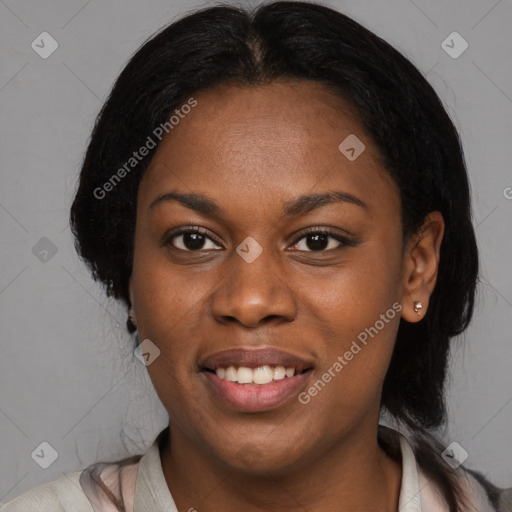 Joyful latino young-adult female with medium  black hair and brown eyes