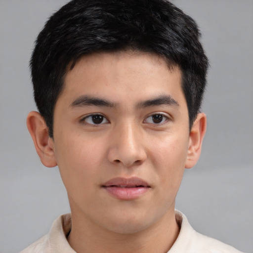 Neutral asian young-adult male with short  brown hair and brown eyes