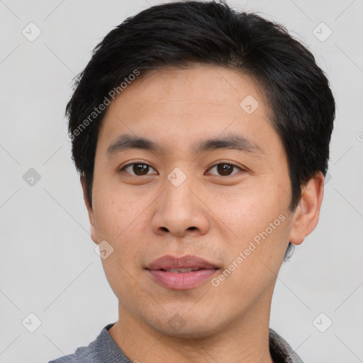 Neutral asian young-adult male with short  black hair and brown eyes