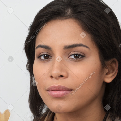 Neutral latino young-adult female with long  brown hair and brown eyes