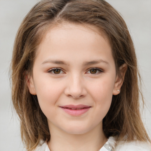 Joyful white child female with medium  brown hair and brown eyes