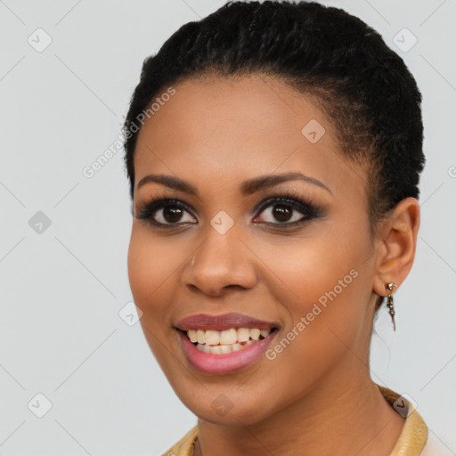 Joyful latino young-adult female with short  brown hair and brown eyes