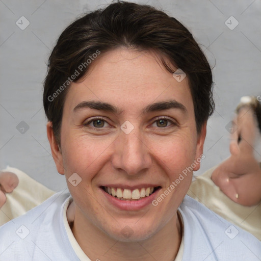 Joyful white young-adult female with short  brown hair and brown eyes