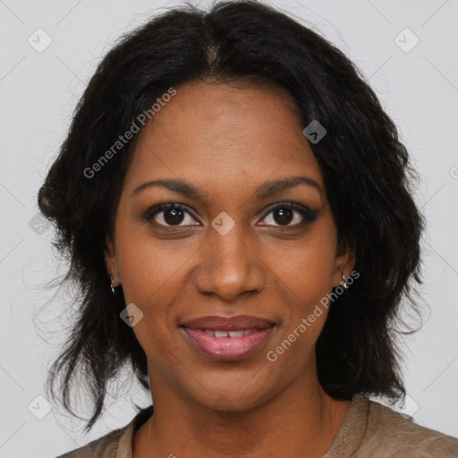 Joyful black young-adult female with medium  brown hair and brown eyes