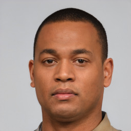 Neutral black young-adult male with short  black hair and brown eyes
