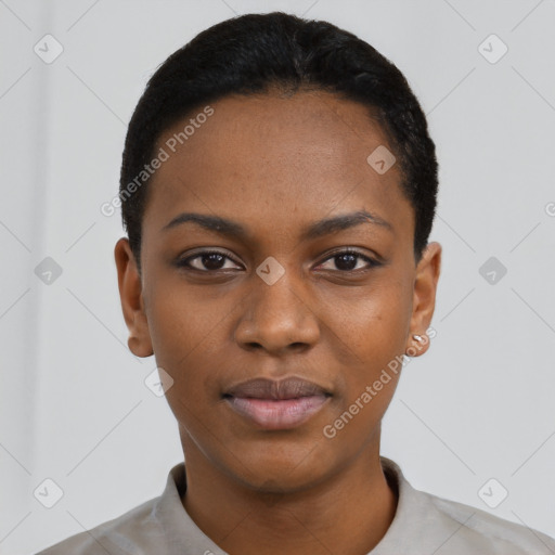 Neutral black young-adult female with short  black hair and brown eyes