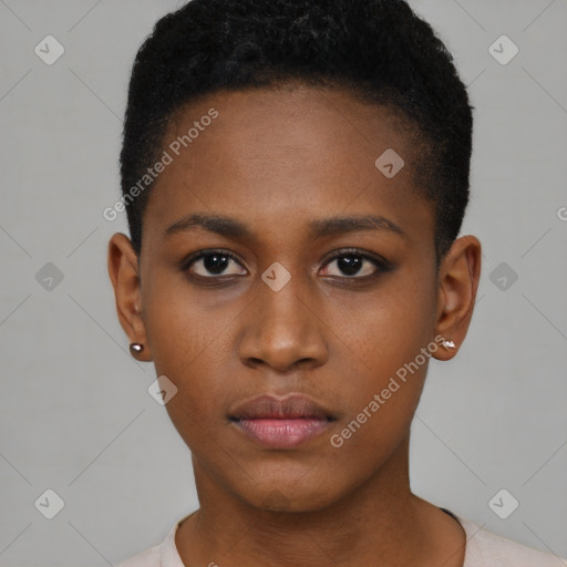 Neutral black young-adult female with short  brown hair and brown eyes