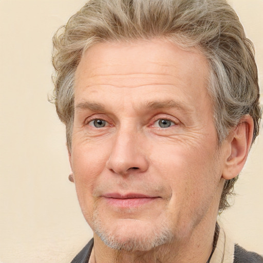 Joyful white middle-aged male with short  brown hair and grey eyes