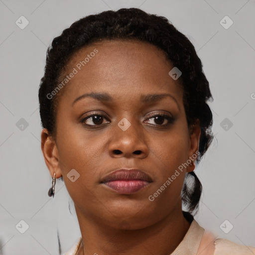 Neutral black young-adult female with short  brown hair and brown eyes