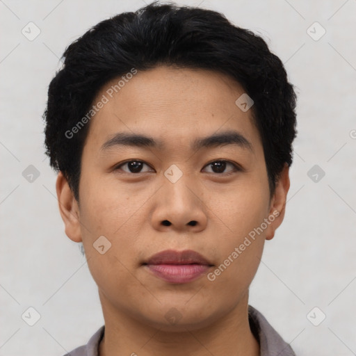 Neutral asian young-adult male with short  black hair and brown eyes