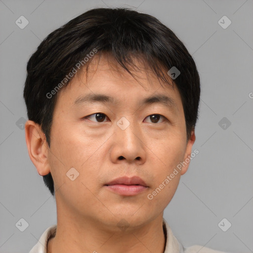 Neutral asian young-adult male with short  brown hair and brown eyes