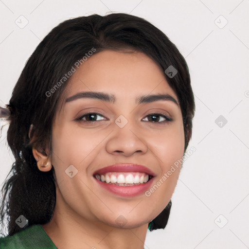 Joyful white young-adult female with medium  black hair and brown eyes