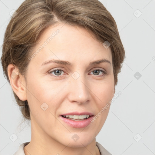 Joyful white young-adult female with medium  brown hair and grey eyes