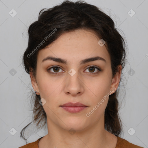 Neutral white young-adult female with medium  brown hair and brown eyes