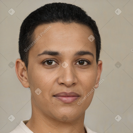 Joyful latino young-adult female with short  brown hair and brown eyes