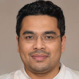 Joyful latino adult male with short  black hair and brown eyes
