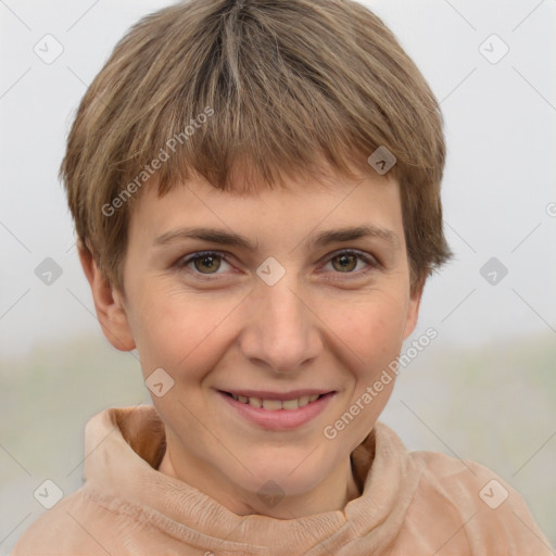 Joyful white young-adult female with short  brown hair and grey eyes