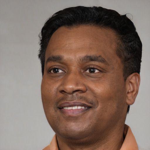 Joyful black adult male with short  black hair and brown eyes