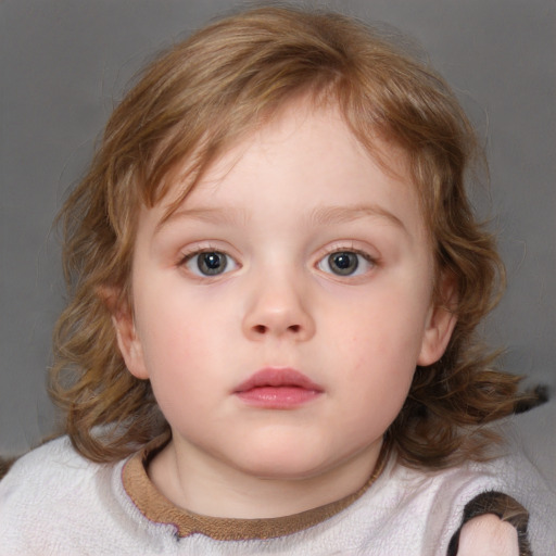 Neutral white child female with medium  brown hair and blue eyes