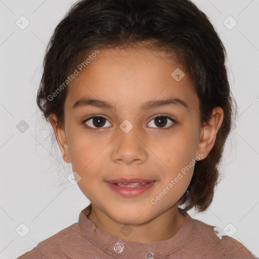 Joyful white child female with medium  brown hair and brown eyes