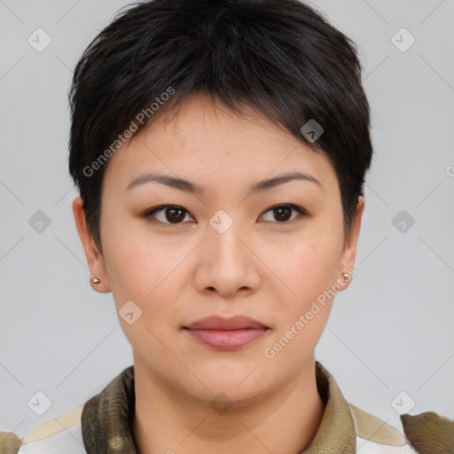 Neutral asian young-adult female with short  brown hair and brown eyes