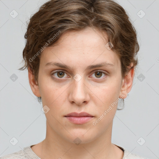 Neutral white young-adult female with short  brown hair and grey eyes