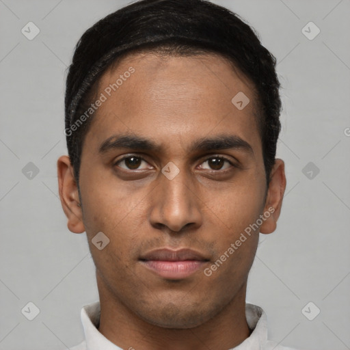 Neutral black young-adult male with short  black hair and brown eyes