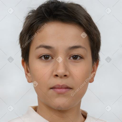 Neutral white young-adult female with short  brown hair and brown eyes