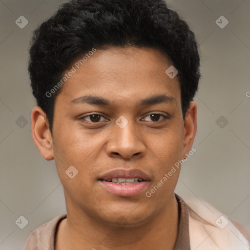 Joyful latino young-adult male with short  brown hair and brown eyes