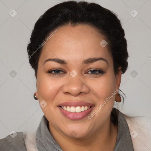 Joyful latino young-adult female with short  brown hair and brown eyes