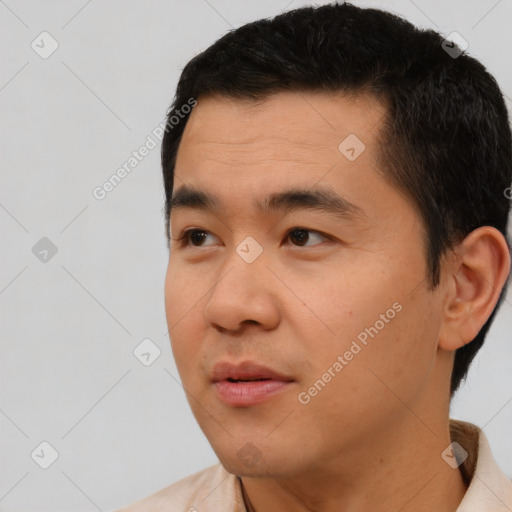 Neutral latino young-adult male with short  black hair and brown eyes