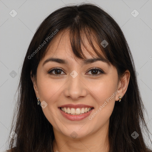 Joyful white young-adult female with long  brown hair and brown eyes