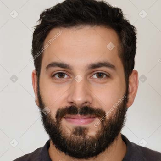 Neutral white young-adult male with short  brown hair and brown eyes