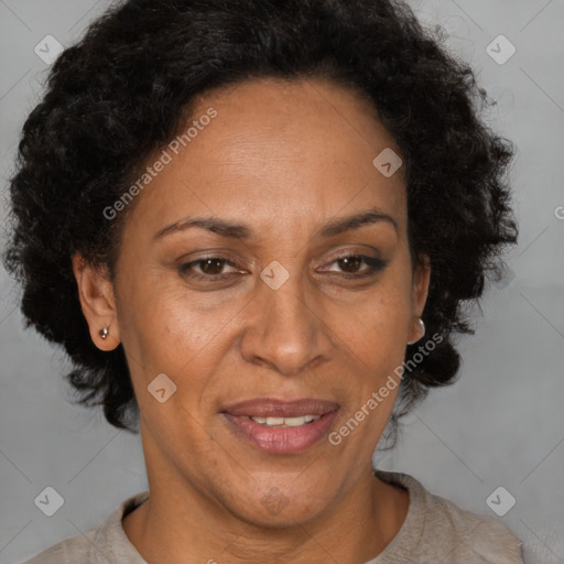 Joyful latino adult female with short  brown hair and brown eyes