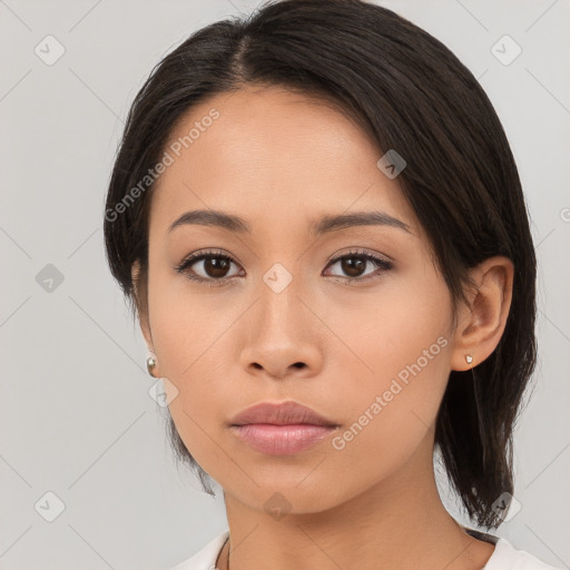 Neutral white young-adult female with medium  brown hair and brown eyes